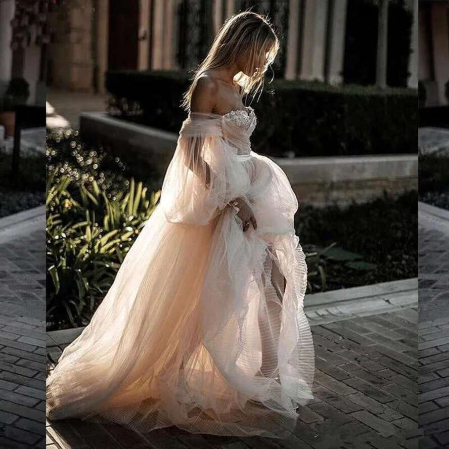 Champagne Long Sleeves Tulle Bohemia Beach Dresses Off Shoulder A E Ruched Country Wedding Bridal Gowns Bc2430