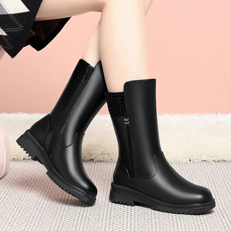 AIYUQI Women Snow Boots Genuine Leather Large Size Non Slip Rider Boots Women Natural Wool Women Winter Shoes Boots