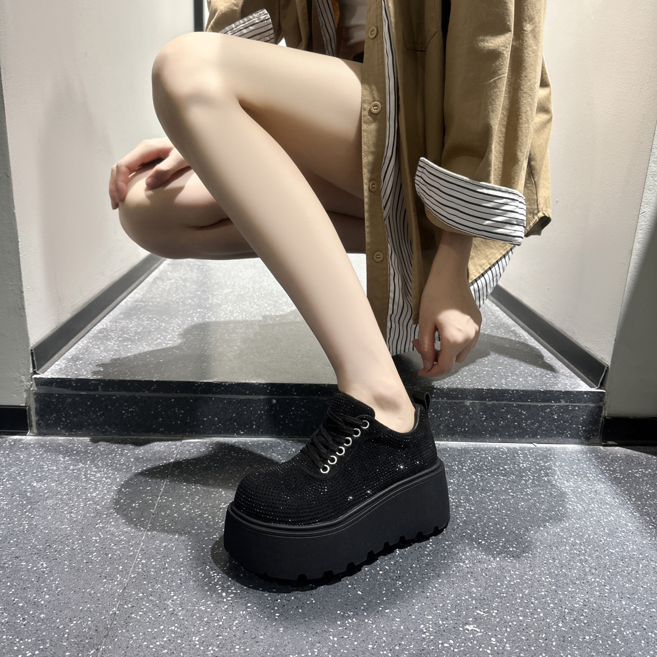 2025 Fashion Luxury Women's Shoes Lace up Women's Height Enhancement Sneakers Shining Water Diamond Vulcanized Shoes Designer Casual Sneaker