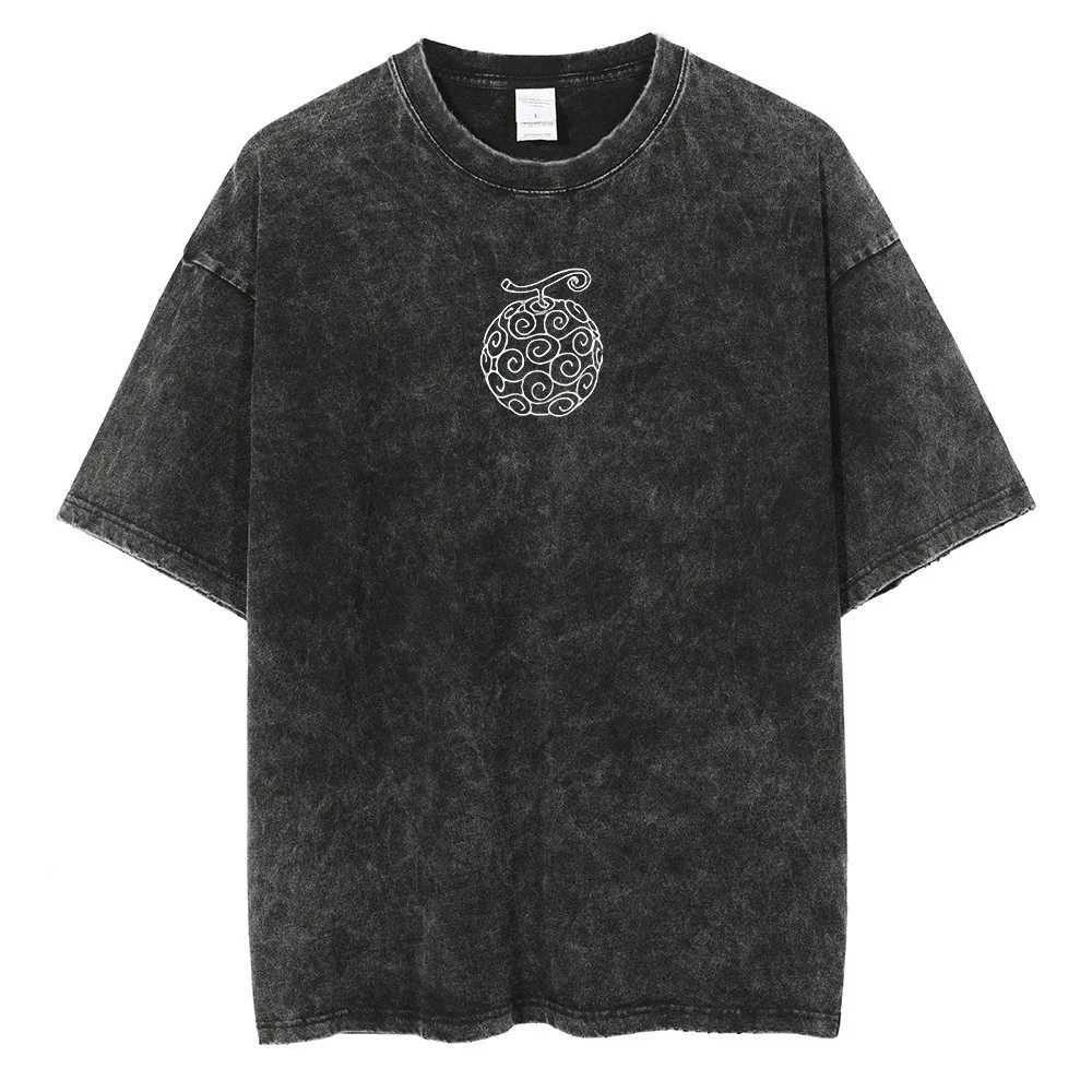 Men Fashion Streetwear Washed Black T-Shirt Harajuku Japanese Anime Graphic Print T Shirt Summer Cotton Oversized Tops TeesXJ240102