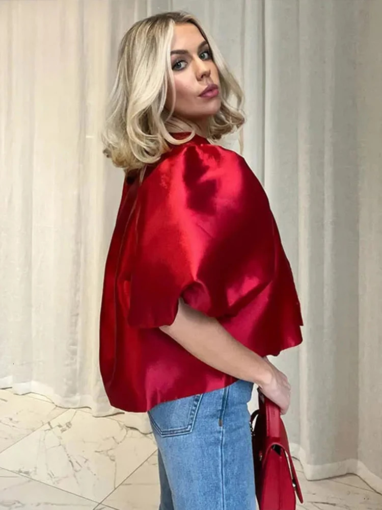 Satin light sleeves elegant womens shirt white short pleated loose O-neck womens shirt spring/summer fashion womens top 250102