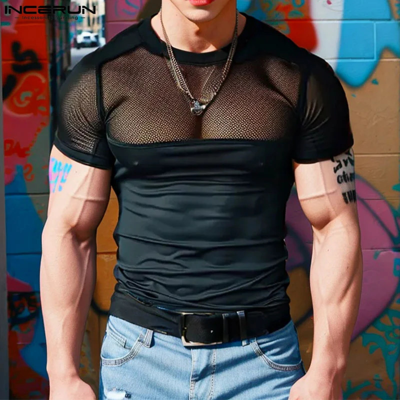 INCERUN Tops 2024 American Style Fashion Men Mesh Splicing Solid T-shirts Casual Streetwear O-neck Short Sleeved Camiseta S-5XL 250102