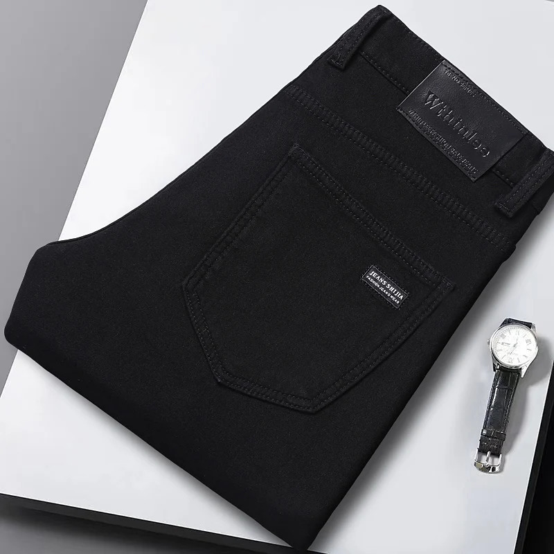 Winter Pure Black Fleece Thick Warm Jeans Mens loose Straight Elastic Denim Pants classics Casual Plush Trousers 241230