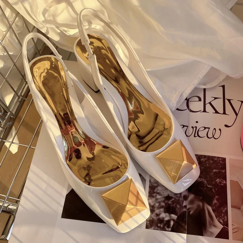 New Design Square Toe Womens Sandals Fashion Gold Rivet Womens Dress Party Shoes Square High Heels Pump Shoes 2022 Shoes 250102