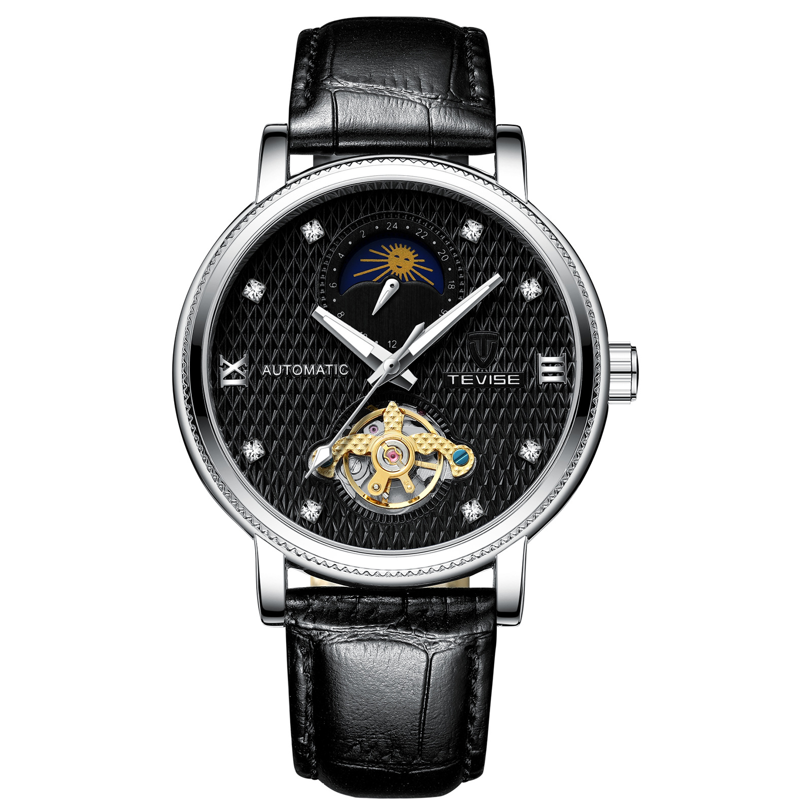 TEVISE Mechanical Watch Automatic Movement Genuine Leather Strap Luminous Function Mens W Watch T026-612
