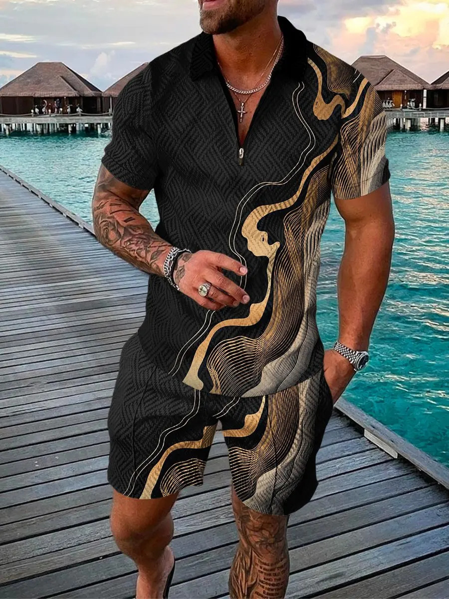 Men Sets Athleisure Short Sleeve Zipper Polo Shirt Shorts Set 2 Piece Set Summer Mens Fashion Short Sleeve Polo Shirt Shorts 250102