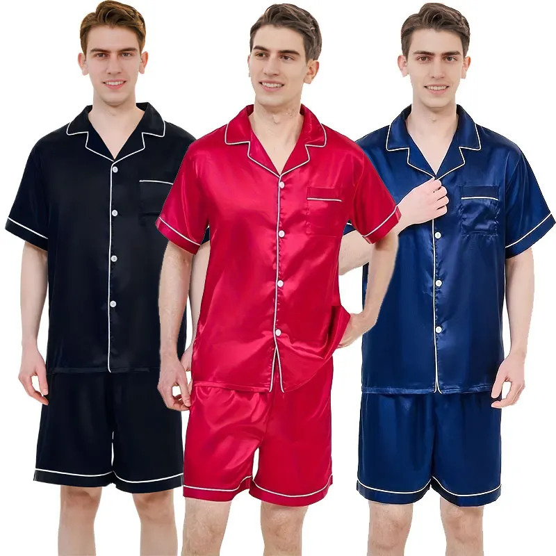 Mens Sleepwear Pajama Sets Men Summer Ice Silk Cardigan ShortSleeved Shorts Senior Sense Of Solid Colour Pajamas Homewear 250103
