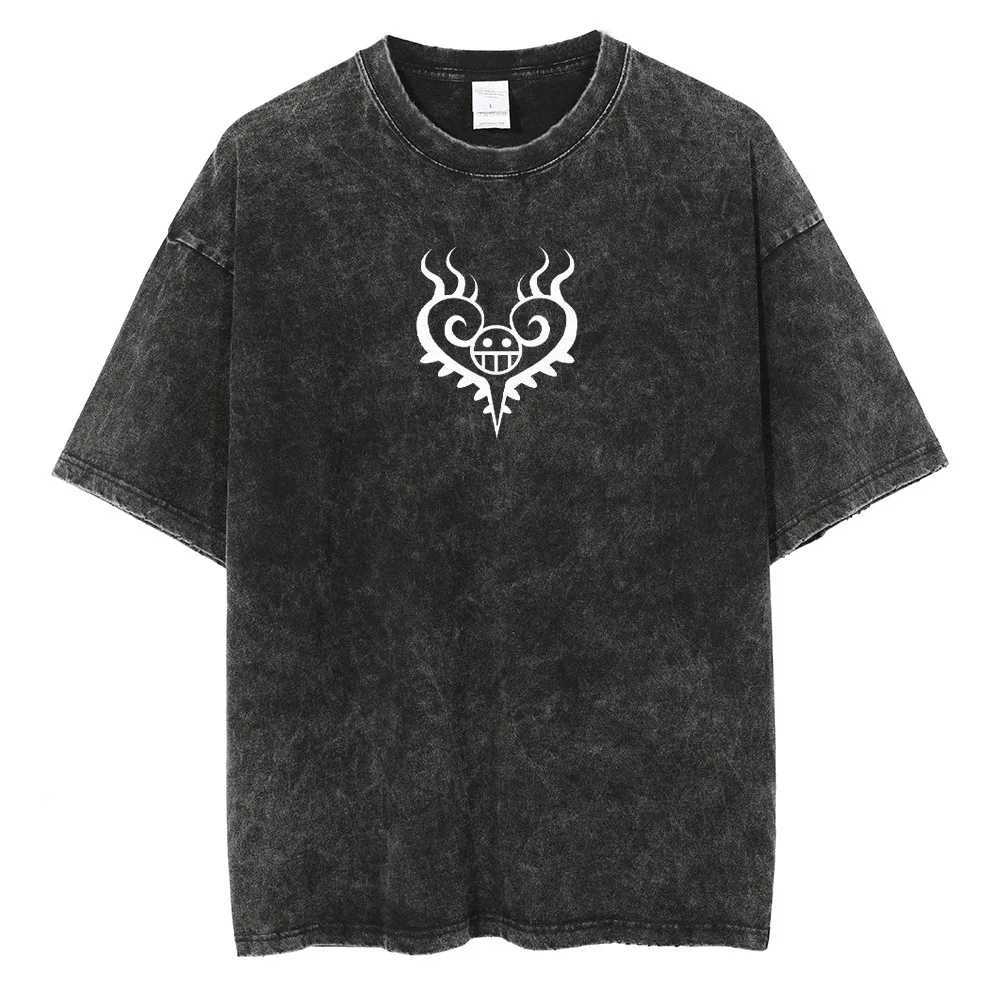Men Fashion Streetwear Washed Black T-Shirt Harajuku Japanese Anime Graphic Print T Shirt Summer Cotton Oversized Tops TeesXJ240102