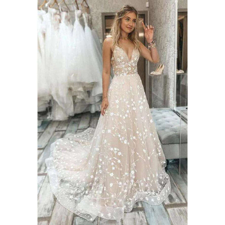 Trendy A-E Wedding Dress Appliques Deep V-Neck Spaghetti Straps Pleat Chapel Train Robe Soiree De Mariage Custom Made Bc19724
