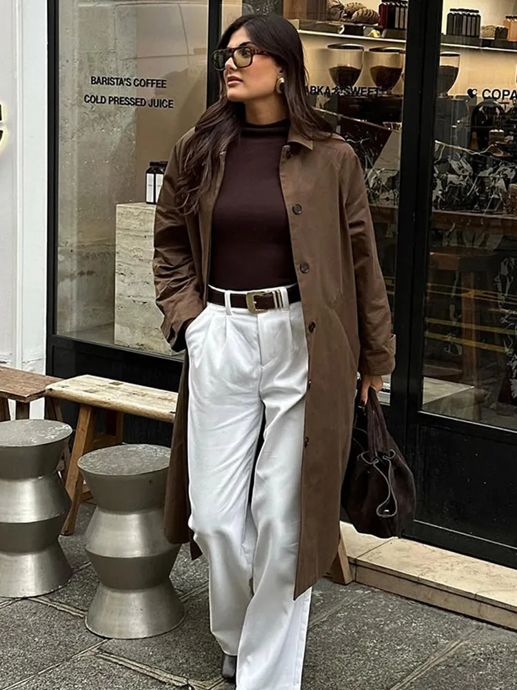 Retro Brown Lapel Long Sleeve Trench Coat Women Elegant Fashion Solid Color High Street Overcoat 2024 Lady Commute Outerwear 241224