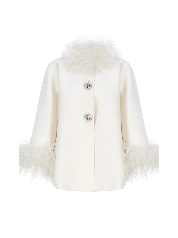 Elegant Feather Spliced Womens Coat Loose Feather Cuff Collar Lady Poncho Outwear Winter High Street Jacket In Coats 250103