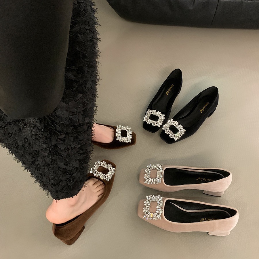 2024 New Women's Heeled Single Fashion Rhie Square Toe Thick Heel Pumps Ladies Shallow Work Shoes Atos De Mujer