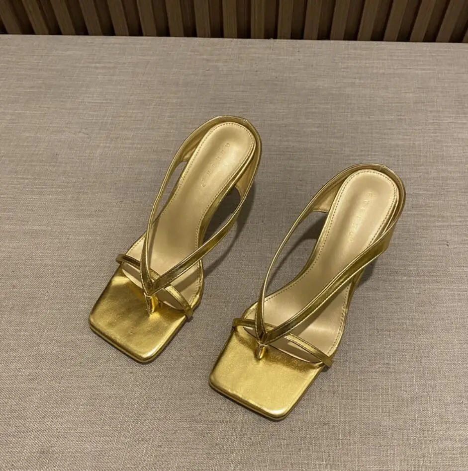 2024 Womens Heel Flip Flops Gold Silver High Heels White Sandals Women Mules Slippers Ladies Summer Shoes Calzado Mujer 250109