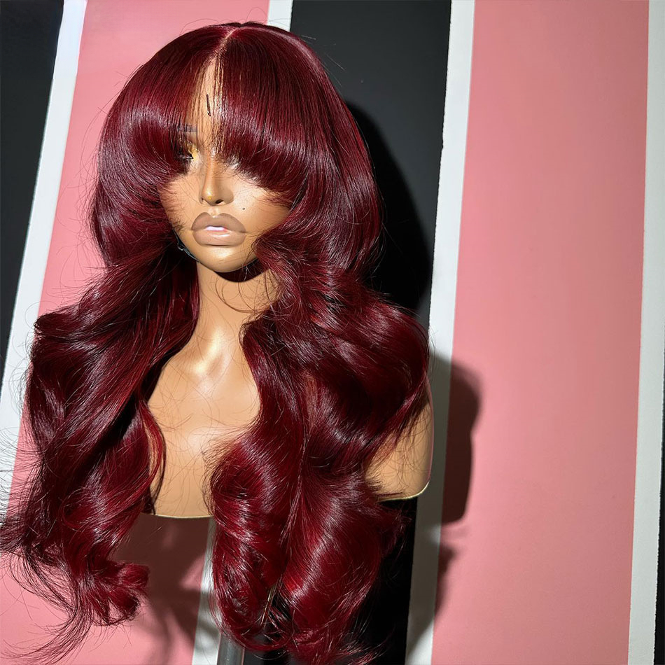 Red Glueless Wavy Lace Frontal Human Hair Wigs with Bangs for Women Ombre Ginger Brown Body Wave Wigs Synthetic Lace Closure Wig