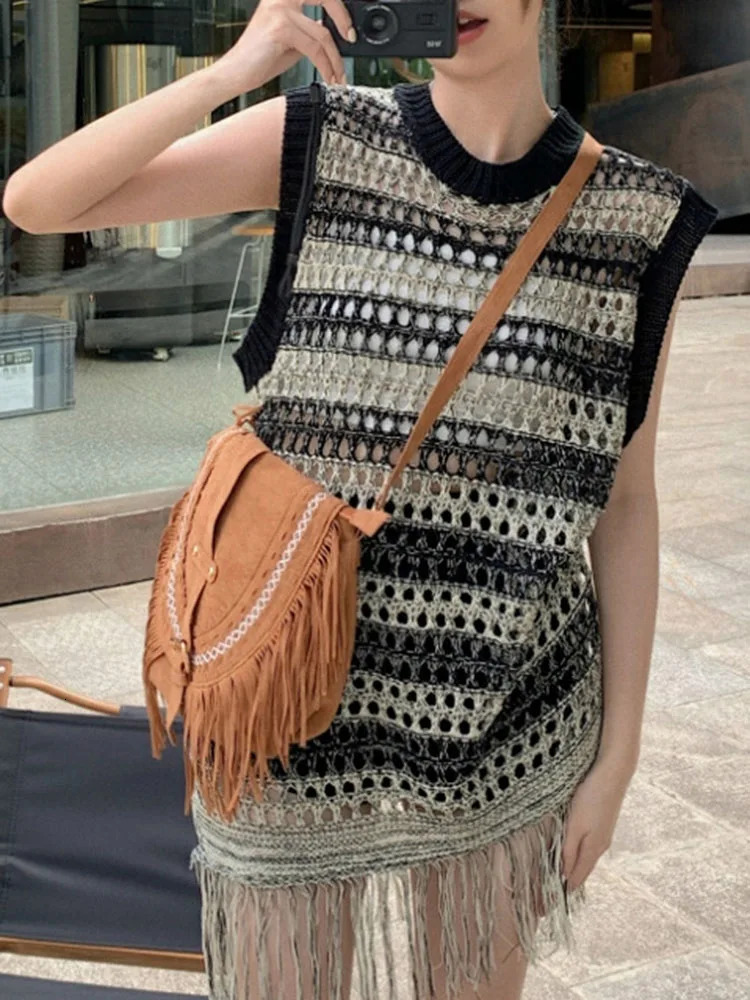 Summer Chic Hollow Out Sweet Tassels Female Mini Dresses Classic Striped Contrast Color Fashion Knitted Casual Women Dresses 250102