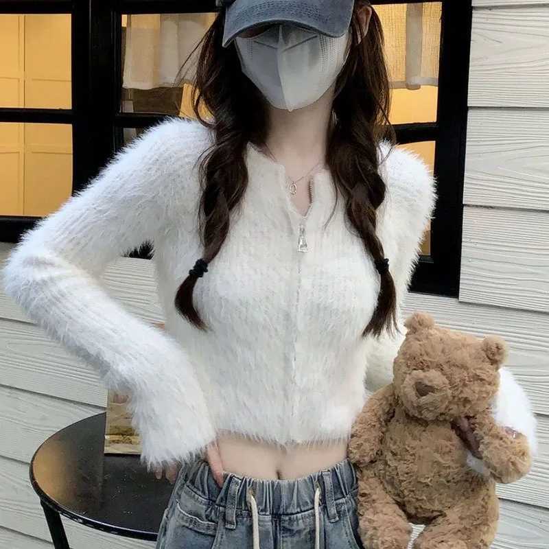 Lucys soft short knitted cardigan womens zipper artificial mink cashmere sweater womens autumn and winter long sleeved Y2K crop top M250102