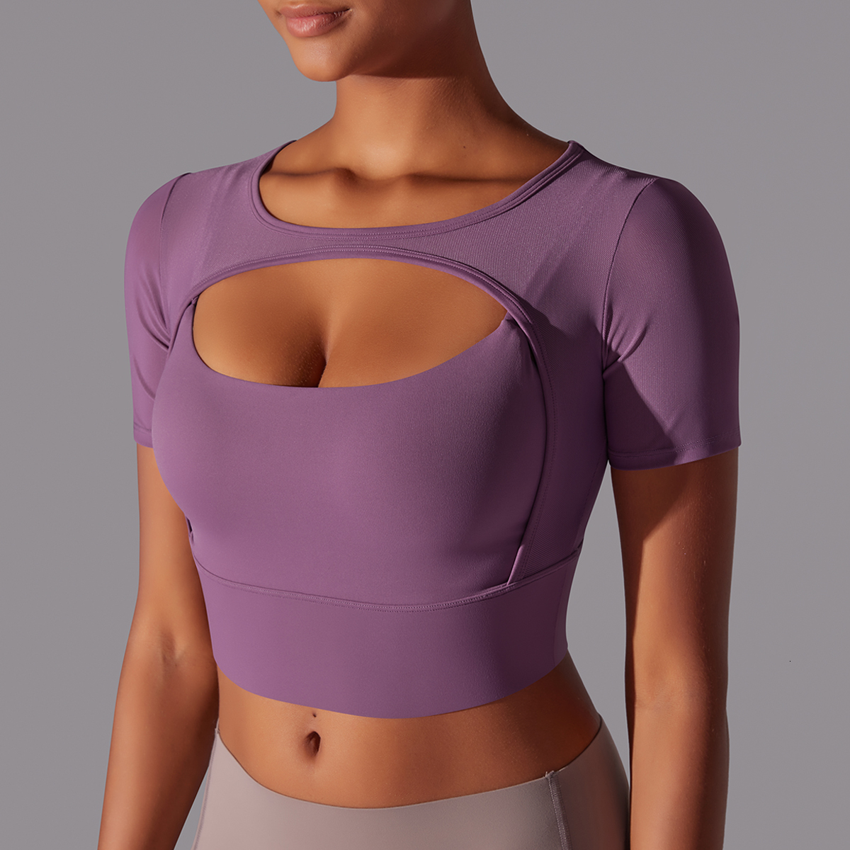 Solid Color Short Sleeve Sexy Double Layer Tank Spliced Mesh Yoga Clothing Top Fiess Running Sports Bra Women