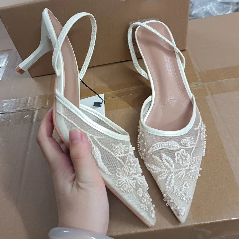 Design Mesh Embroidered wers Sandals Breathable 2025 Summer Sgback Pumps Women Sexy Pointed Toe Thin High Heels 250308