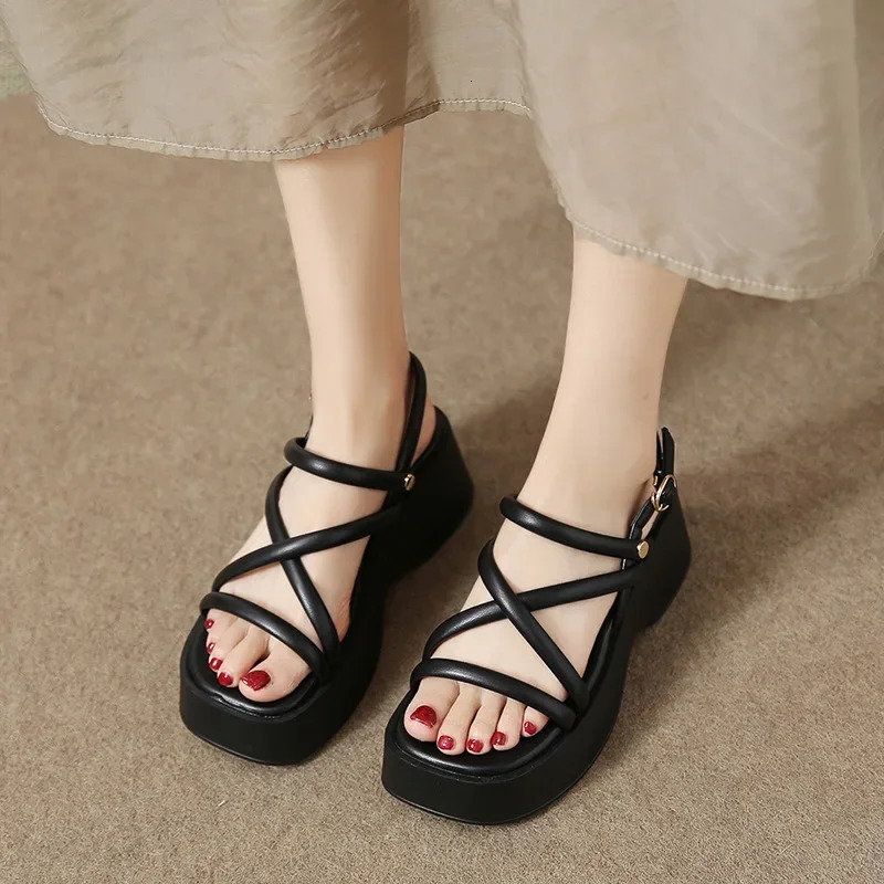 Open Toe Women Sandals Summer Fashion Narrow Band Dress Shoes Platform Wedges Heel Ladies Ankle Strap Gladiator Sandalias 250102