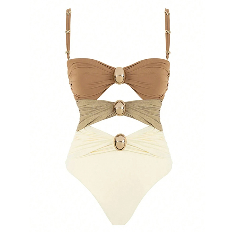 Popular Gilding Buckle One Piece Swimsuit Women Sexy Low Cut Swimwear Patchwork Spaghetti Strap Bathing Suit Slimming Hollow Out Bodysuit Beachwear
