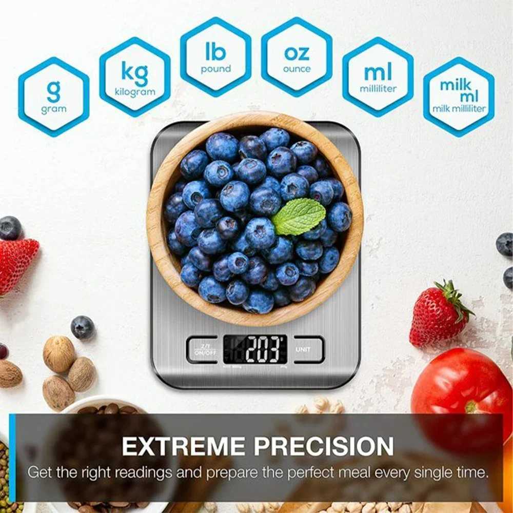 Digital kitchen scale 5kg/10kg food multifunctional stainless steel balance LCD display screen measures grams and ounces for cooking and baking W25010