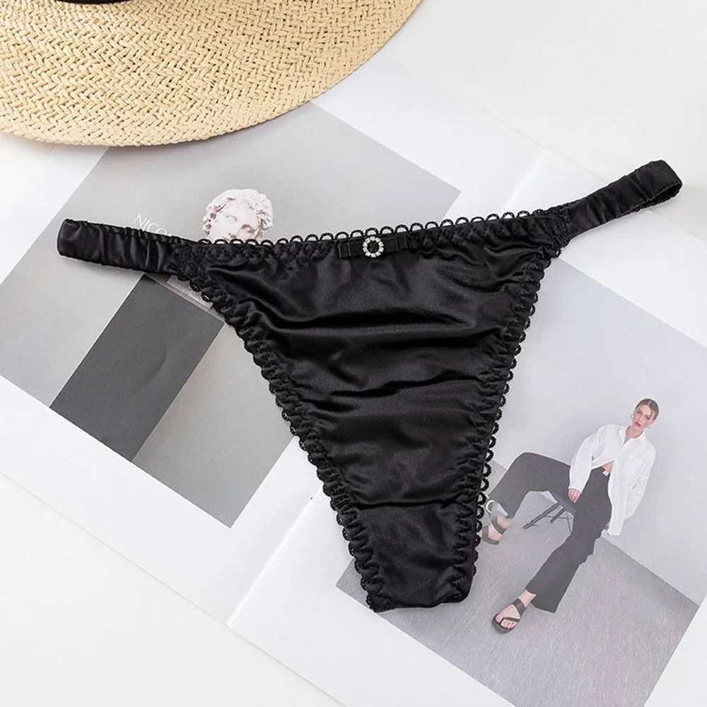 Soft and comfortable suitable for girls low waist underwear solid color thin straps womens thongs satin underwear bow underwear W250103