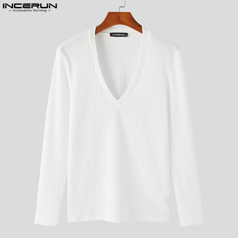 INCERUN Tops 2024 Korean Style Men Solid V-neck Knitted T-shirts Summer Casual Streetwear Simple Long Sleeved Camiseta S-5XL 250102
