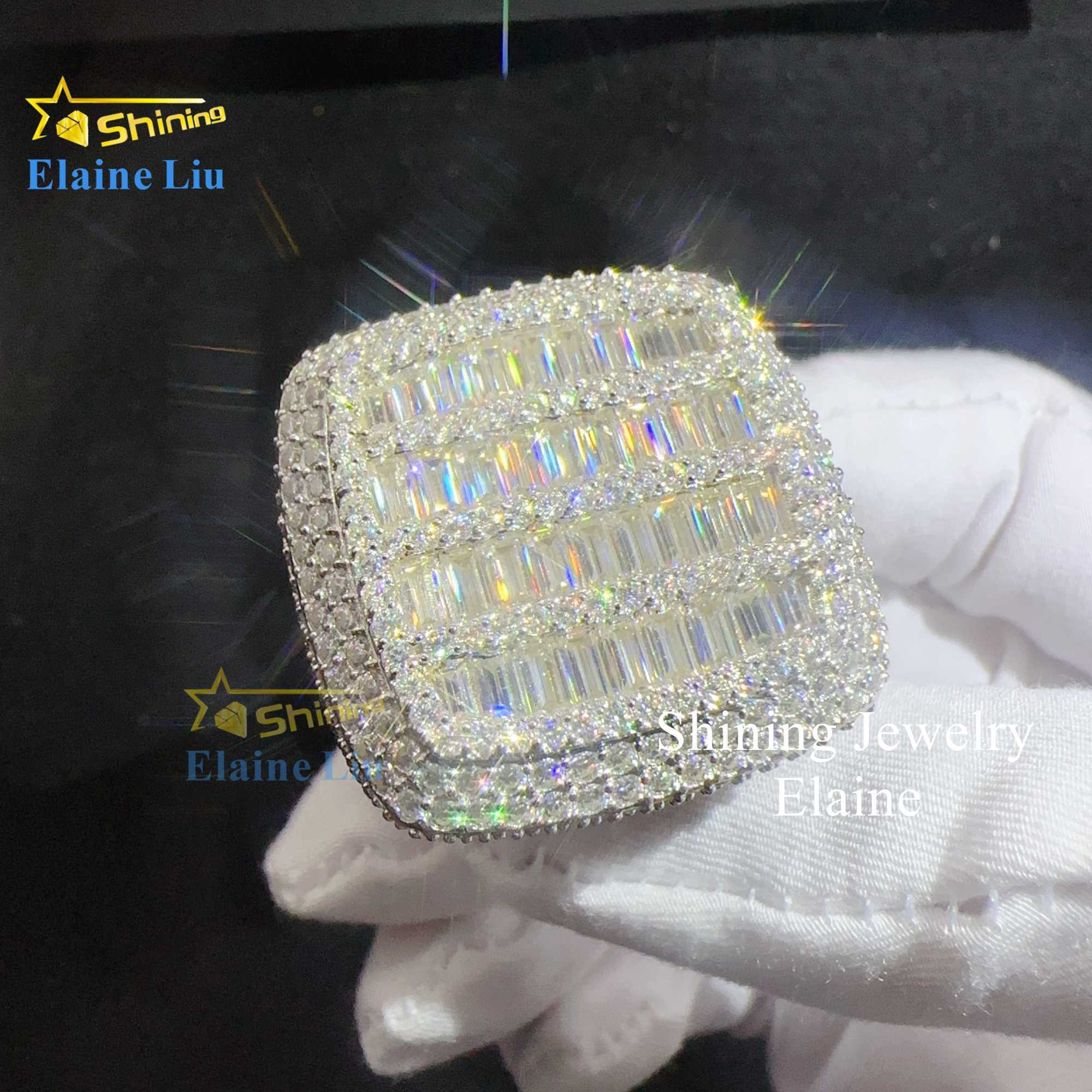 Baguette hip hop custom vvs moissanite mens iced out 925 sterling silver ring