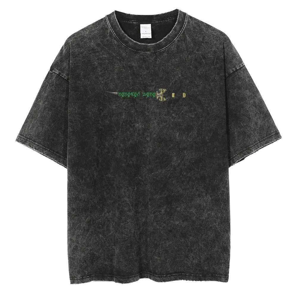 Men Fashion Streetwear Washed Black T-Shirt Harajuku Japanese Anime Graphic Print T Shirt Summer Cotton Oversized Tops TeesXJ240102