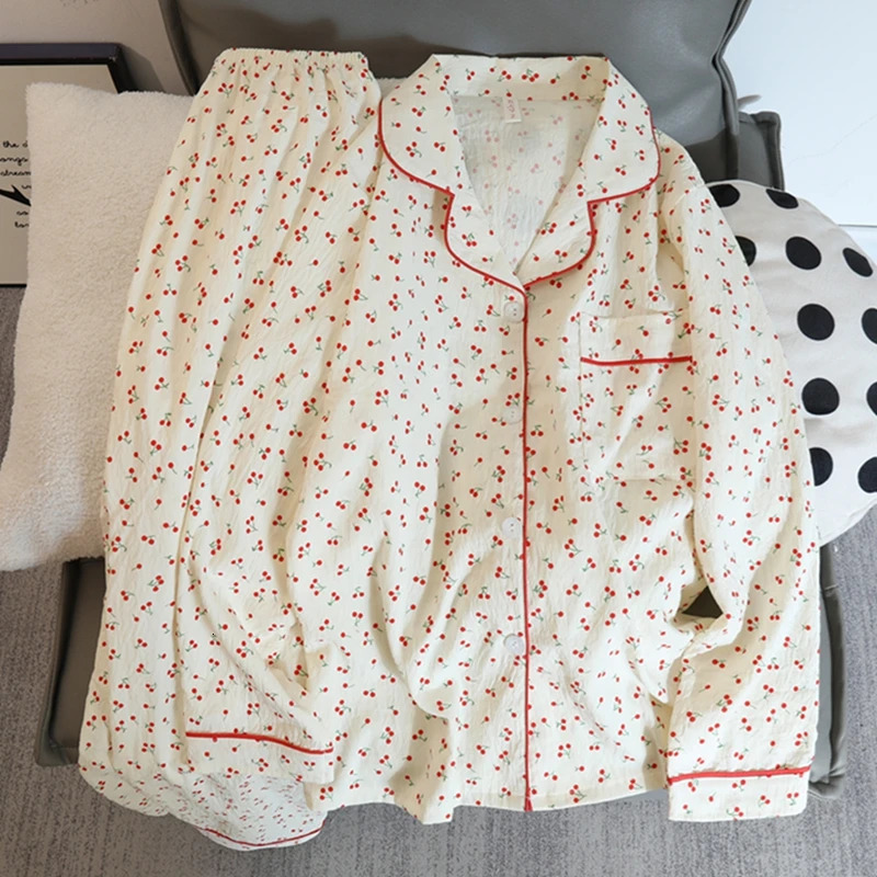 Autumn Cherries Pajama Sets for Women Faux Cotton Outfits Soft Lapel Cardigan 2 Piece Set Sweet Cute 250103