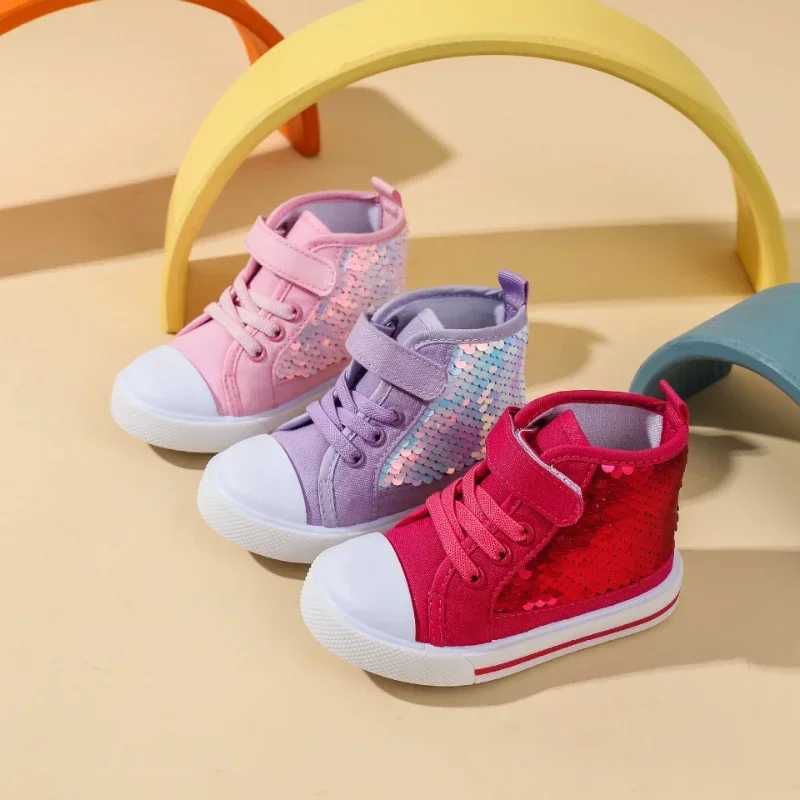 Autumn New GirlsShoes High Top Child Sneakers Trendy Sequins Canvas Shoe for Child Brand Comfortable Flat Sneakers Girl Tenis M250103