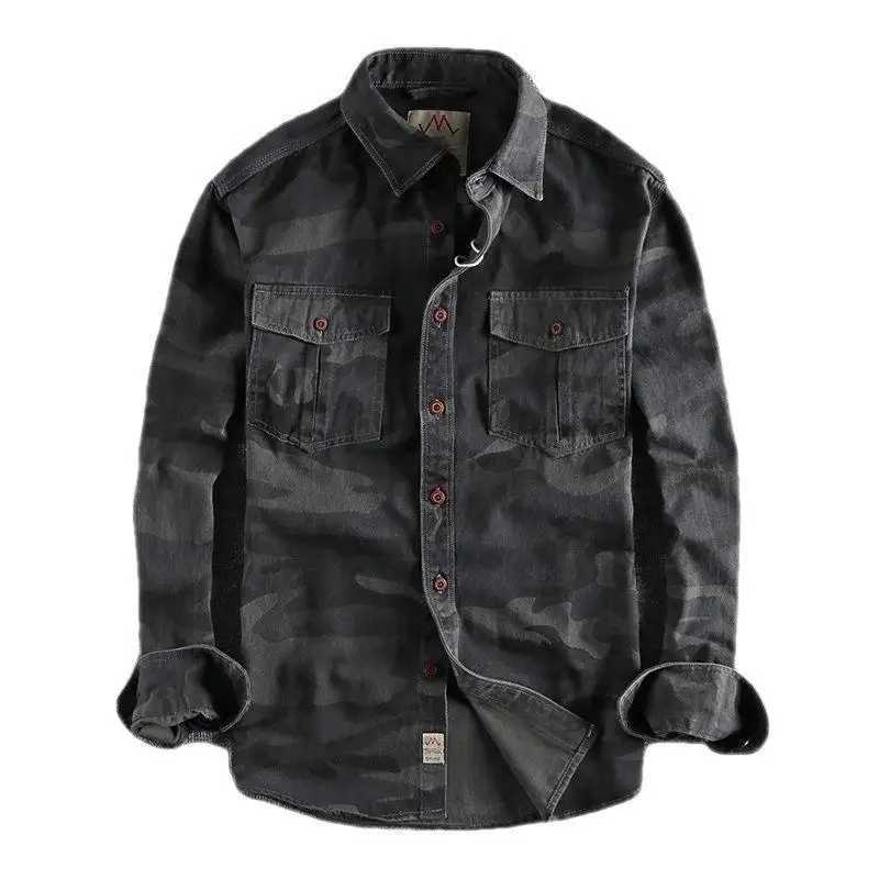 Fashionable camouflage long sleeved mens work shirt casual loose fit wear-resistant top layer clothing American style W250103