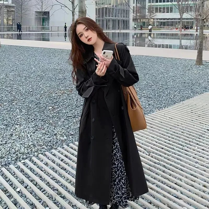 Streetwear Loose Trench Coat Midi Length Fashion Korean Elegant Khaki Black Womens Windbreaker Coat Casual Double Breasted Tops 241224