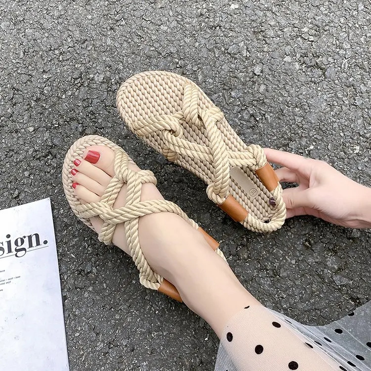 Rainbow Color Rope Sandals Woman Retro Weaved Fishman Sandalias Ladies Sea Blue Beach Slippers Handmade Bohemian Straw Shoes 250102