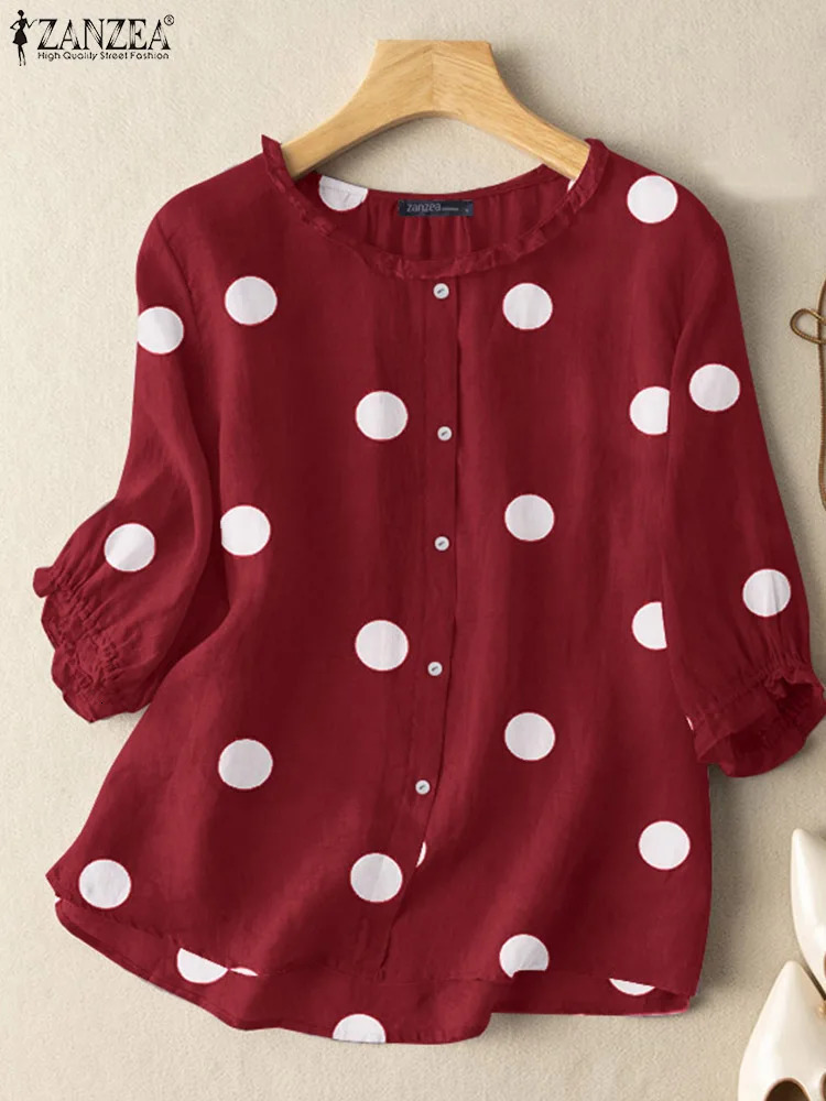 ZANZEA Summer Polka Dot Printed Shirt Elegant Womens Shirt Casual Ruffle Party Holiday Blue 3/4 Sleeve Bohemian Tuned Top 250102