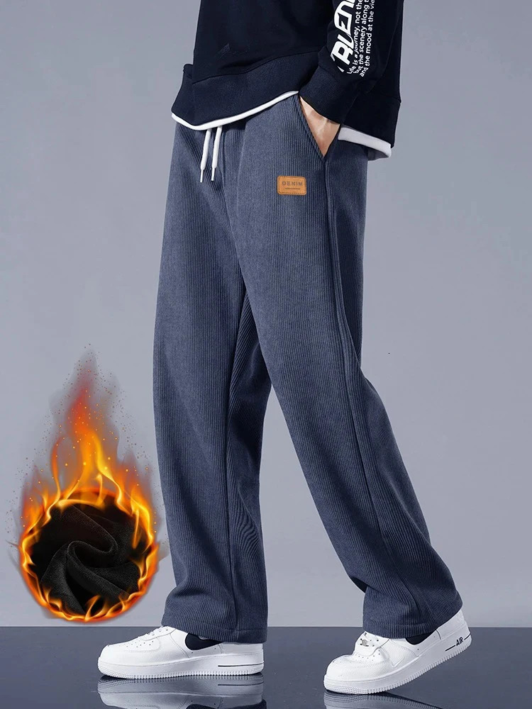 Winter Thick Warm Corduroy Sweatpants Men Fleece Liner Drawstring Straight Loose Track Pants Male Casual Fleece Thermal Trousers 250103