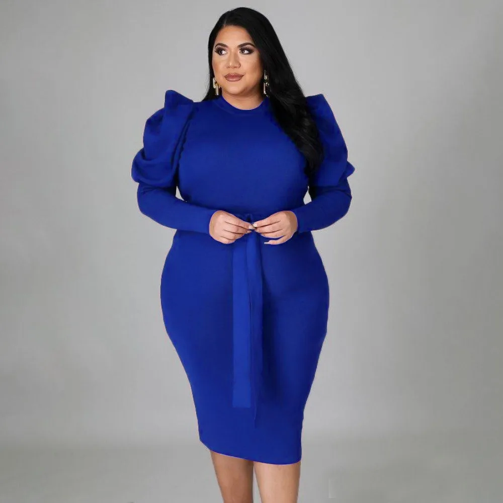 Plus Size Casual Solid Color Commuter Medium Long Dress Women Long Sleeve Fashion O-Neck Slim Dress Wholesale Dropshipping