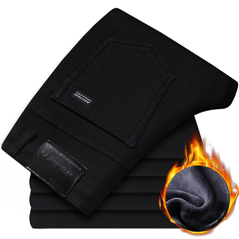 Men Fashion Winter Jeans Men Gray Color Slim Fit Stretch Thick Velvet Pants Warm Jeans Casual Fleece Trousers Male 241230