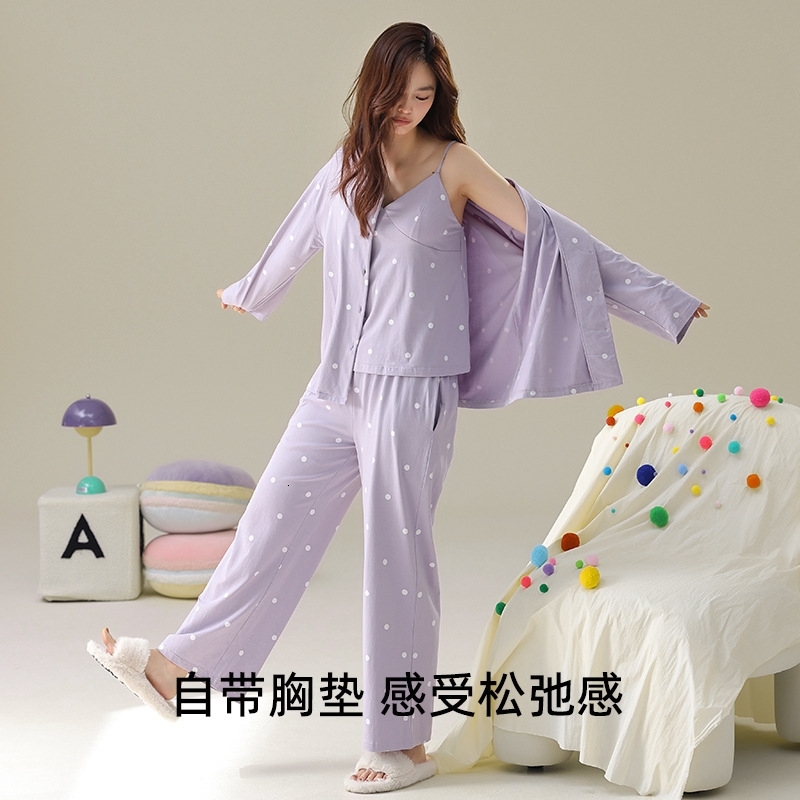 Three Piece Set Of Spring And Autumn Sleepwear With Chest Cushion Womens Long Sleeved Pure Cotton Pull-out Home Clothes