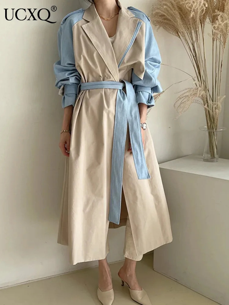 UCXQ Fashion Long Jacket Vintage Patchwork Contrasting Lapel Lace Up Waist Elegant Trench Coat Women 2025 Spring Autumn 9792 241224
