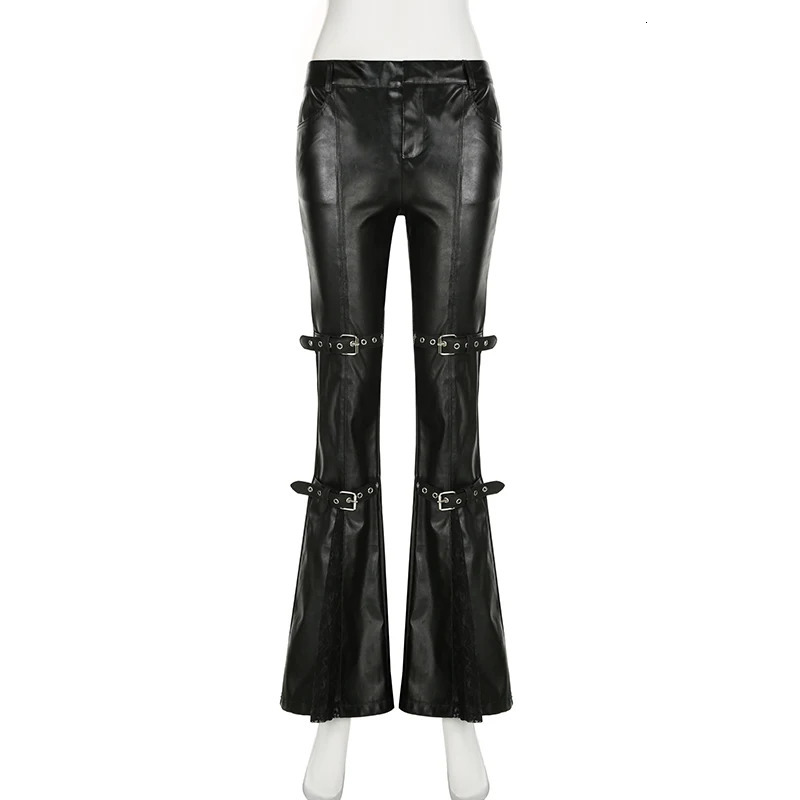 SUCHCUTE PU Leather Shining Pants Gothic Buckle Lace Patch Work Pants Womens Fashion Y2K Street Clothing Retro Aesthetics Leisure Trojan Horse 250102