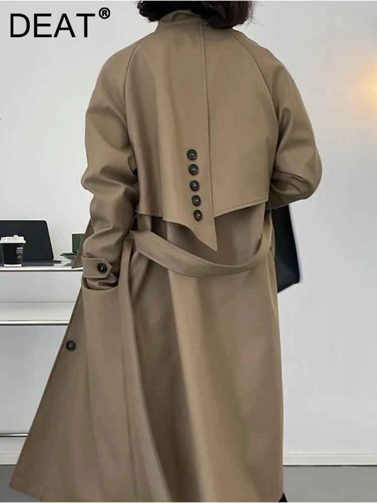 DEAT Fashion Womens Trench Coat Lapel Loose Single Breasted Long Sleev Sashes Back Spliced Windbreaker Autumn 2025 17A599H 241224