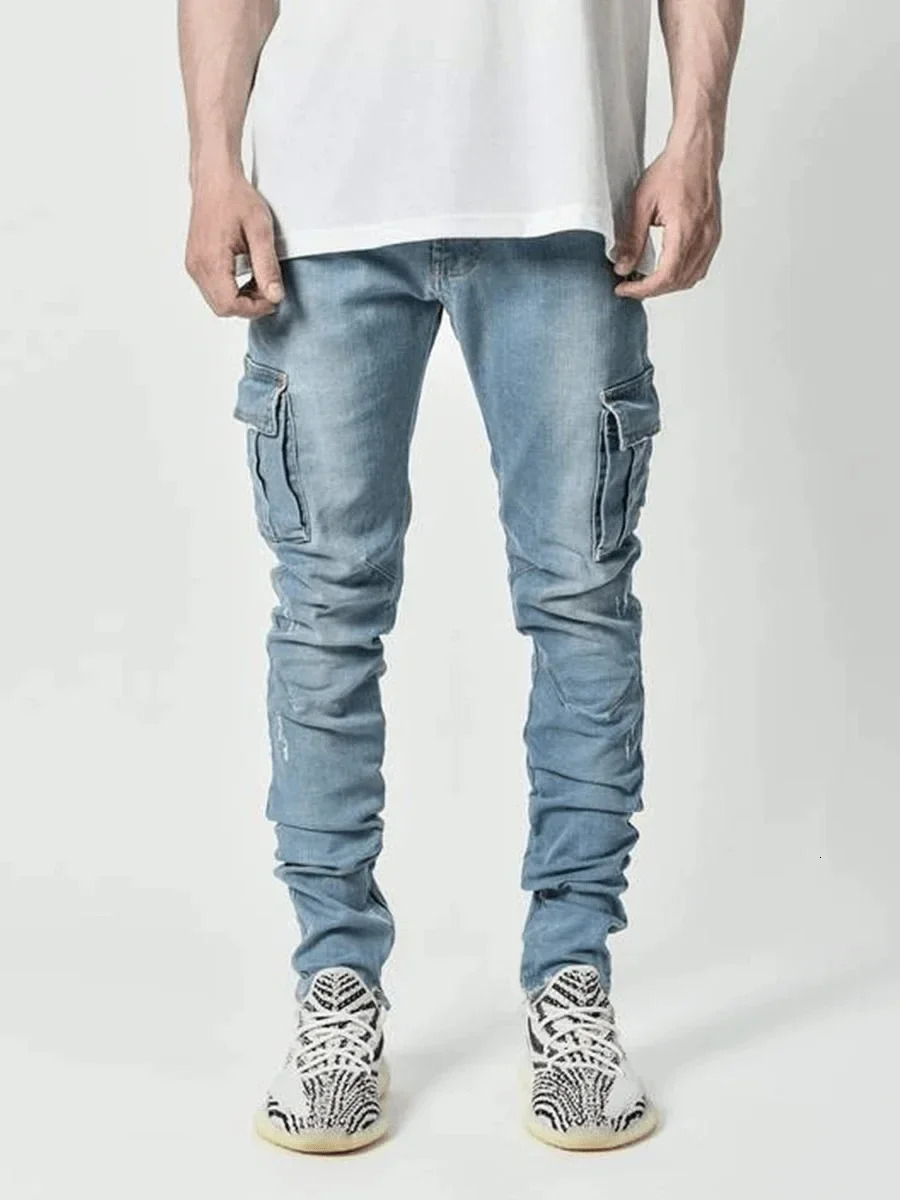 Mens Stretch Jeans Black Big Side Pockets Cargo Jeans Fashion Zipper Small Foot Denim Pants Elastic Jogging Trousers Streetwear 241230