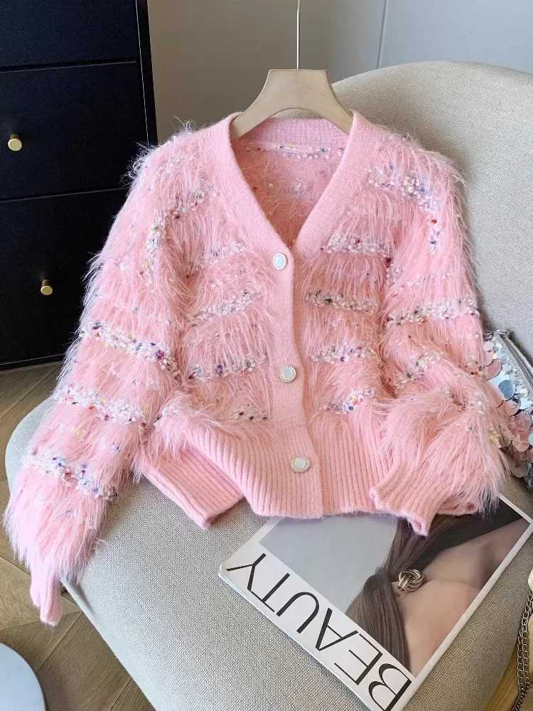 French design Tassels Mohair cardigan warm and thick winter sweater jacket sweet and elegant womens party girls Christmas clothing South Korea M250102