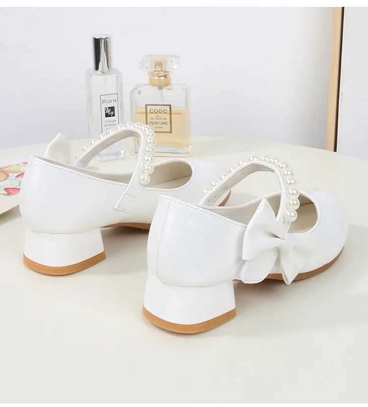 Childrens shoes pearl white girl leather shoes white bow spring and autumn childrens high heels princess performance shoes M250103
