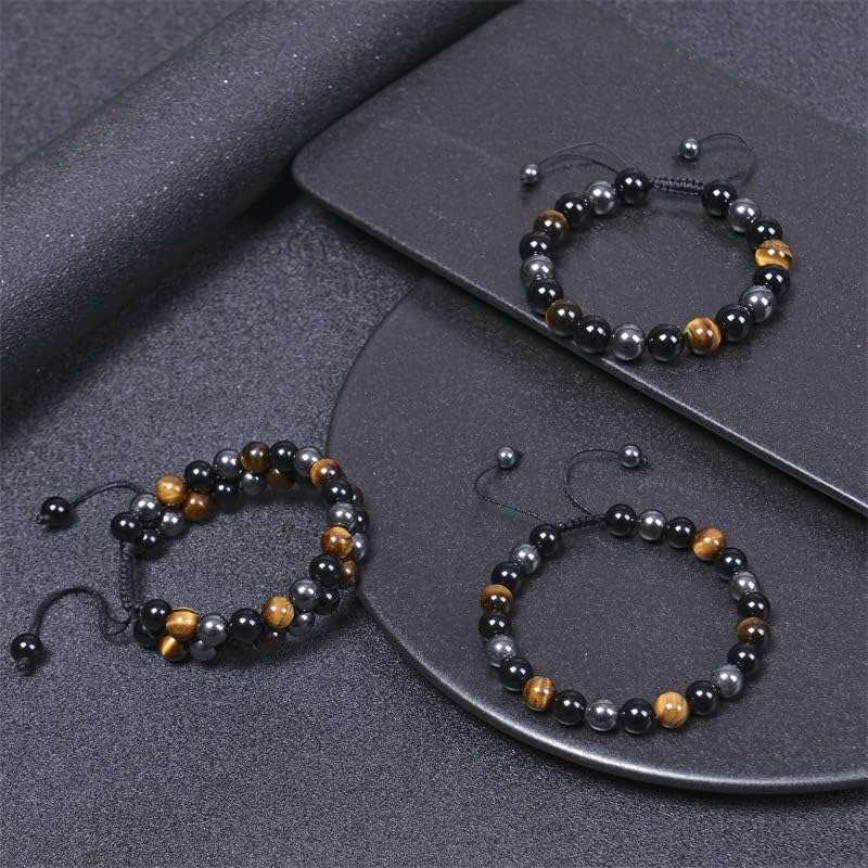Triple Protection Bracelet, Tigers Eye Black Obsidian and Hematite 8mm Beads Men Women, Heag Crystal Bracelet for Good Luck Prosperity Happiness