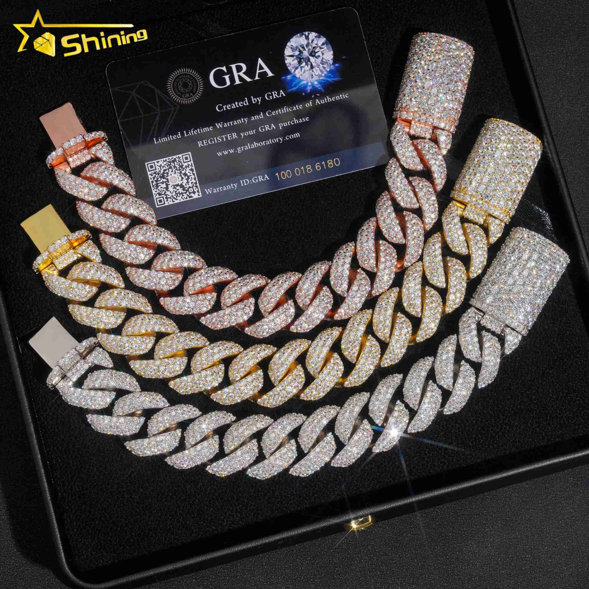 Hip hop iced out 925 silver 20mm solid heavy miami moissanite bracelet men gold plated cuban link chain