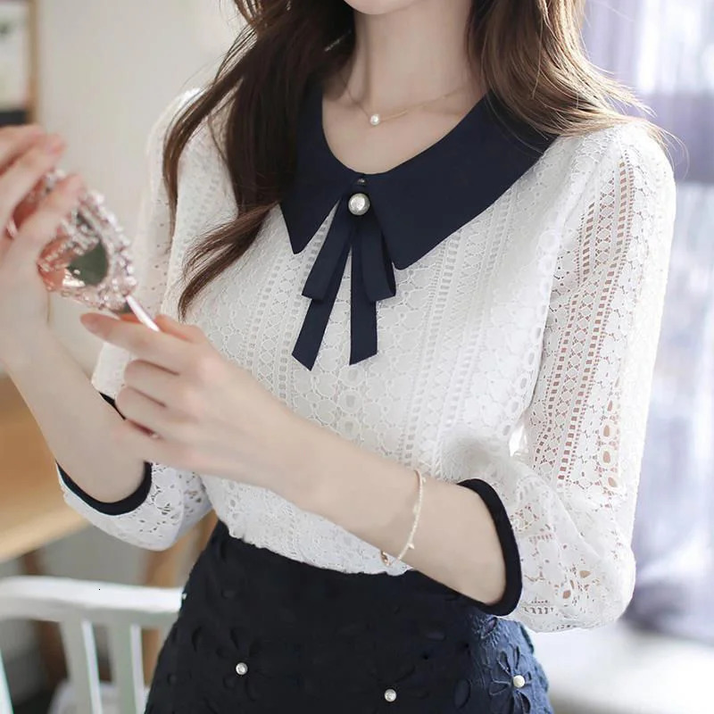 Womens Spring and Autumn Style Lace Shirt Womens Peter Pan Necklace Solid Color Half Sleeve Elegant Lace Top SP8676 250102