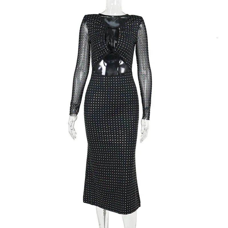Autumn and winter sequins hollow sexy party club Maxi womens mesh long sleeved lace upper dress Vestido 250102