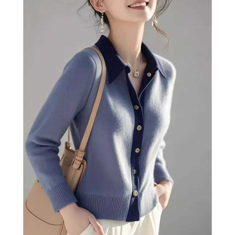 Polo collar knitted cardigan womens autumn and winter simple office womens solid color sweater trend fully matched knitted top M250102
